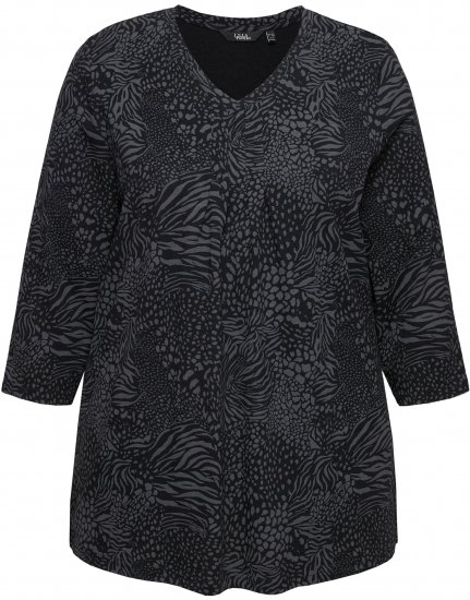 Ulla Popken Animal Print 3/4 Sleeve V-Neck Tee Black - Trička - 