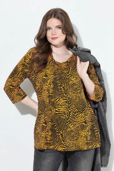 Ulla Popken Animal Print 3/4 Sleeve V-Neck Tee Neon Orange - Trička - Dámská trička ve velkých velikostech