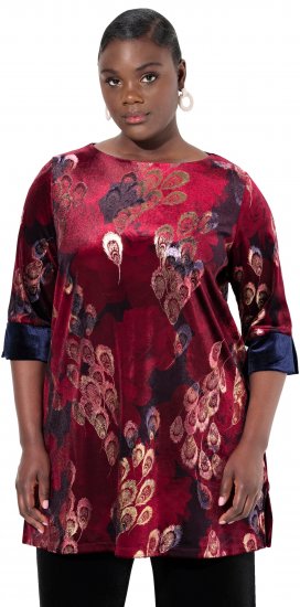 Ulla Popken Velvet Peacock Feather 3/4 Sleeve Tunic Blouse Wine Red - Trička - 