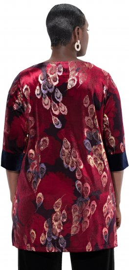 Ulla Popken Velvet Peacock Feather 3/4 Sleeve Tunic Blouse Wine Red - Trička - 