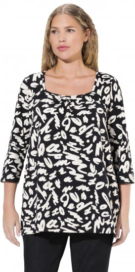Ulla Popken Scribble Print Square Neck 3/4 Sleeve Tee Black - Potištěná trička pro ženy - 