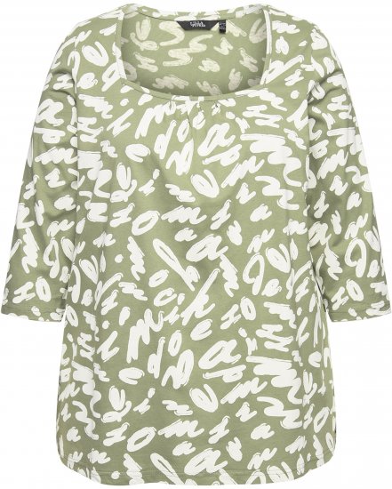 Ulla Popken Scribble Print Square Neck 3/4 Sleeve Tee Sage Green - Potištěná trička pro ženy - 
