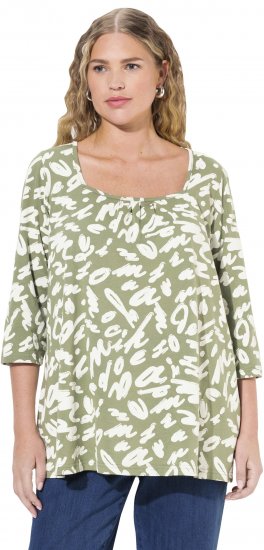 Ulla Popken Scribble Print Square Neck 3/4 Sleeve Tee Sage Green - Potištěná trička pro ženy - 