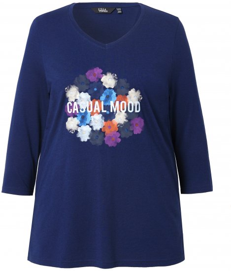 Ulla Popken Casual Mood Floral V-Neck Tee Navy - Trička - 