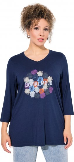 Ulla Popken Casual Mood Floral V-Neck Tee Navy - Trička - 