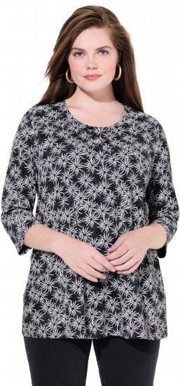 Ulla Popken Graphic Flower A-Line 3/4 Sleeve Tee Black - Trička - 