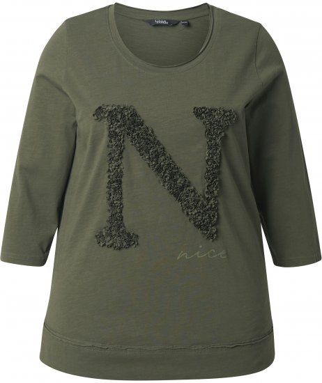 Ulla Popken Textured Lettering 3/4 Sleeve Tee Olive - Potištěná trička pro ženy - 