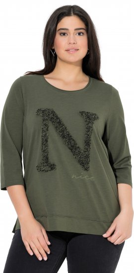 Ulla Popken Textured Lettering 3/4 Sleeve Tee Olive - Potištěná trička pro ženy - 
