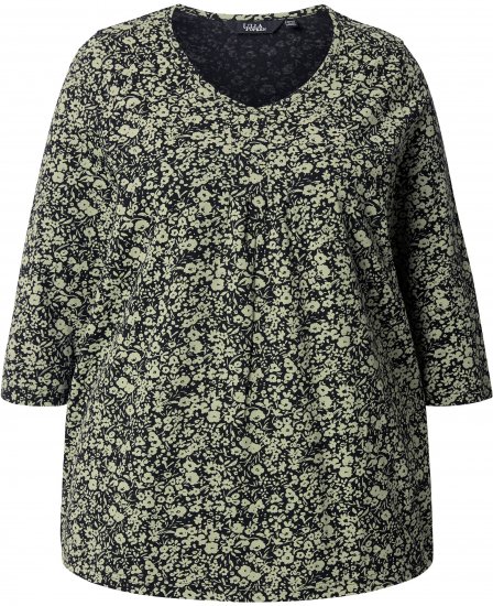 Ulla Popken Pleated Floral Print 3/4 Sleeve Tee Pond Green - Potištěná trička pro ženy - 