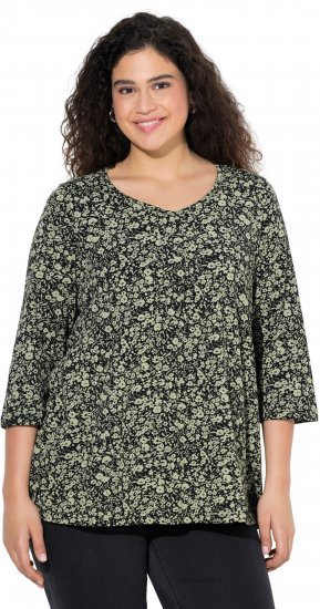 Ulla Popken Pleated Floral Print 3/4 Sleeve Tee Pond Green - Potištěná trička pro ženy - 