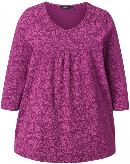 Ulla Popken Pleated Floral Print 3/4 Sleeve Tee Raspberry - Potištěná trička pro ženy - 