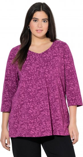 Ulla Popken Pleated Floral Print 3/4 Sleeve Tee Raspberry - Potištěná trička pro ženy - 