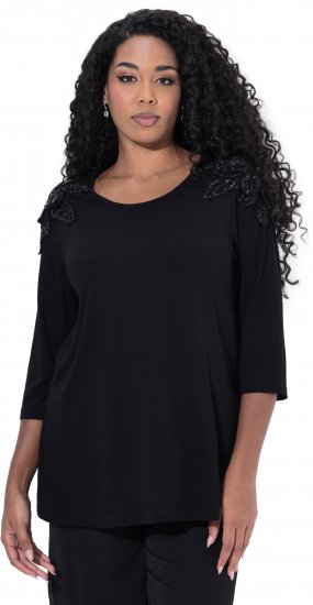 Ulla Popken Flower Epaulet 3/4 Sleeve Top Black - Potištěná trička pro ženy - 