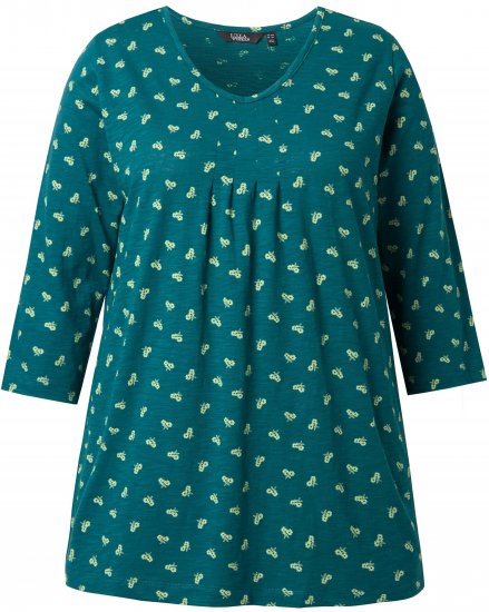 Ulla Popken Flower Print 3/4 Sleeve Tee Teal Green - Trička - 