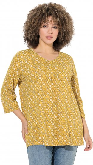 Ulla Popken Graphic Print Pleated 3/4 Sleeve Tee Mocha Brown - Trička - 