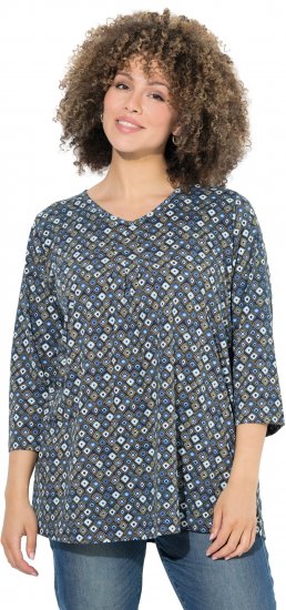 Ulla Popken Graphic Print Pleated 3/4 Sleeve Tee Atlantic Blue - Trička - 