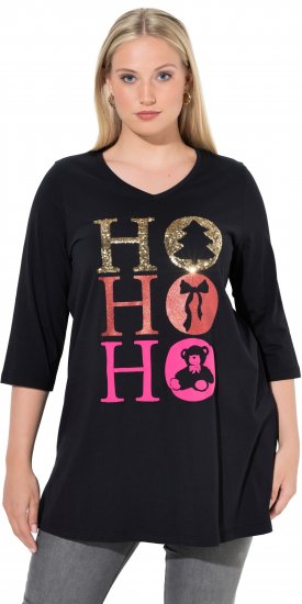 Ulla Popken Ho Ho Ho 3/4 Sleeve Graphic Tunic Tee Black - Trička - 