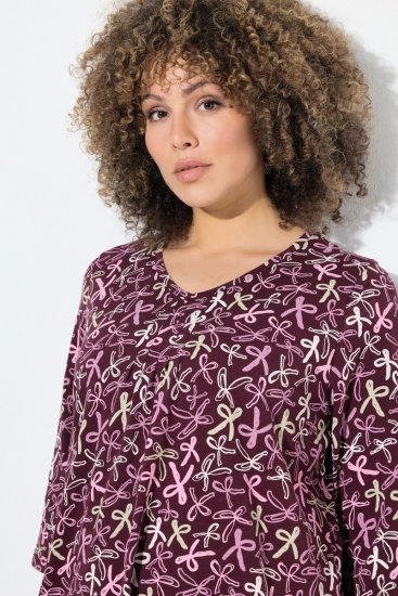 Ulla Popken Ribbon Print 3/4 Sleeve Asymmetric Tee Plum - Potištěná trička pro ženy - Dámská trička s potiskem