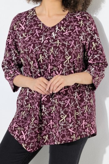 Ulla Popken Ribbon Print 3/4 Sleeve Asymmetric Tee Plum - Potištěná trička pro ženy - Dámská trička s potiskem