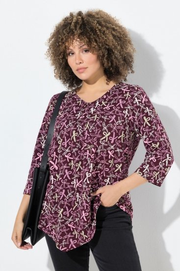 Ulla Popken Ribbon Print 3/4 Sleeve Asymmetric Tee Plum - Potištěná trička pro ženy - Dámská trička s potiskem