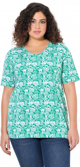 Ulla Popken Coral Reef Printed Short Sleeve V-Neck Tee Emerald - Potištěná trička pro ženy - 
