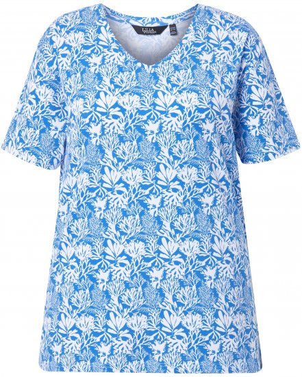 Ulla Popken Coral Reef Printed Short Sleeve V-Neck Tee Teal Blue - Potištěná trička pro ženy - 