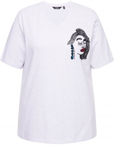 Ulla Popken Embroidered Face Motif Short Sleeve V-Neck Tee Light Grey Melange - Potištěná trička pro ženy - 