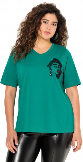 Ulla Popken Embroidered Face Motif Short Sleeve V-Neck Tee Emerald Green - Potištěná trička pro ženy - 