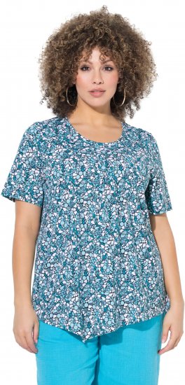 Ulla Popken Floral Pointed Hem Short Sleeve Tee Deep Aqua - Potištěná trička pro ženy - 