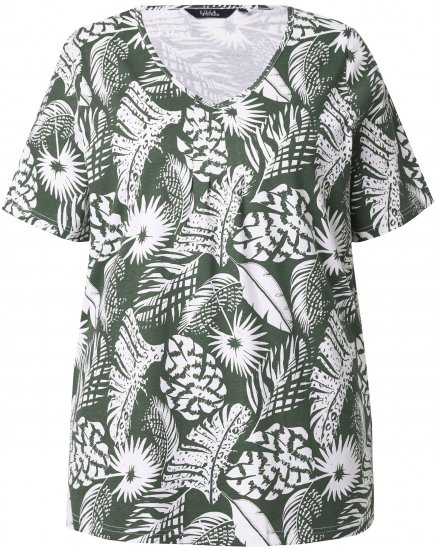 Ulla Popken Feather Print Short Sleeve V-Neck Tee Olive Grey - Potištěná trička pro ženy - 