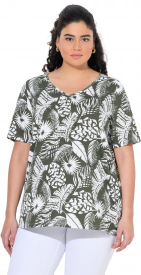 Ulla Popken Feather Print Short Sleeve V-Neck Tee Olive Grey - Potištěná trička pro ženy - 