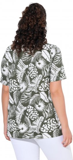 Ulla Popken Feather Print Short Sleeve V-Neck Tee Olive Grey - Potištěná trička pro ženy - 
