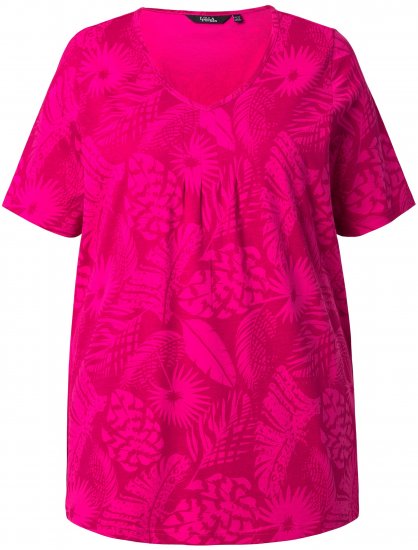 Ulla Popken Feather Print Short Sleeve V-Neck Tee Berry - Potištěná trička pro ženy - 