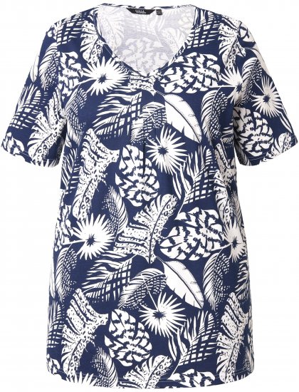 Ulla Popken Feather Print Short Sleeve V-Neck Tee Ink Blue - Potištěná trička pro ženy - 
