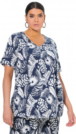 Ulla Popken Feather Print Short Sleeve V-Neck Tee Ink Blue - Potištěná trička pro ženy - 