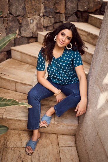 Ulla Popken Tile Print Short Sleeve Pleated Tee Teal - Potištěná trička pro ženy - 