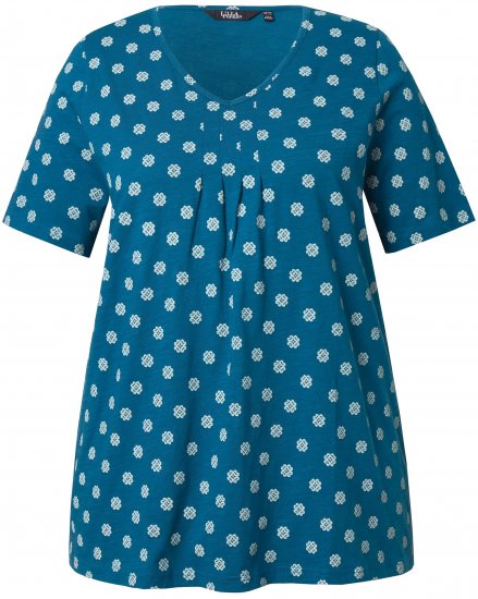 Ulla Popken Tile Print Short Sleeve Pleated Tee Teal - Potištěná trička pro ženy - 
