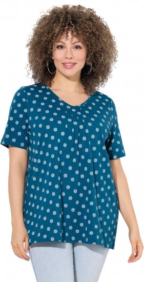 Ulla Popken Tile Print Short Sleeve Pleated Tee Teal - Potištěná trička pro ženy - 