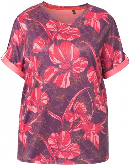 Ulla Popken Quick Drying Flower Print Short Sleeve Tee Dark Cherry - Potištěná trička pro ženy - 