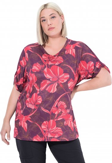 Ulla Popken Quick Drying Flower Print Short Sleeve Tee Dark Cherry - Potištěná trička pro ženy - 