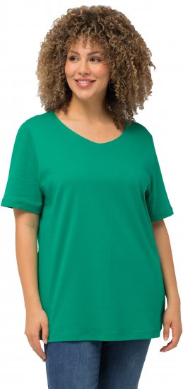 Ulla Popken Double Layer Rounded V-Neck Slim Fit Tee Emerald - Trička - 