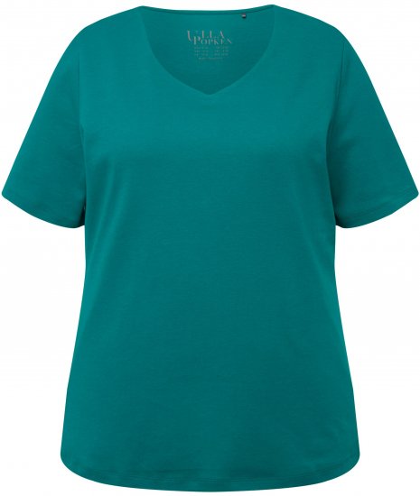 Ulla Popken Double Layer Rounded V-Neck Slim Fit Tee Dark Emerald - Trička - 
