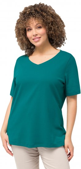 Ulla Popken Double Layer Rounded V-Neck Slim Fit Tee Dark Emerald - Trička - 