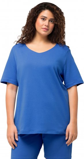 Ulla Popken Double Layer Rounded V-Neck Slim Fit Tee Blue - Trička - 
