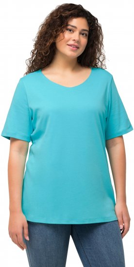 Ulla Popken Double Layer Rounded V-Neck Slim Fit Tee Deep Aqua - Trička - 