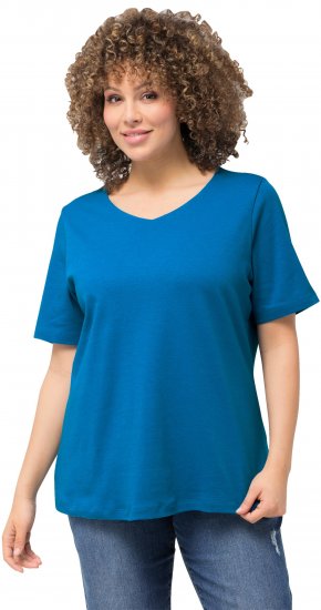 Ulla Popken Double Layer Rounded V-Neck Slim Fit Tee Medium Blue - Trička - 