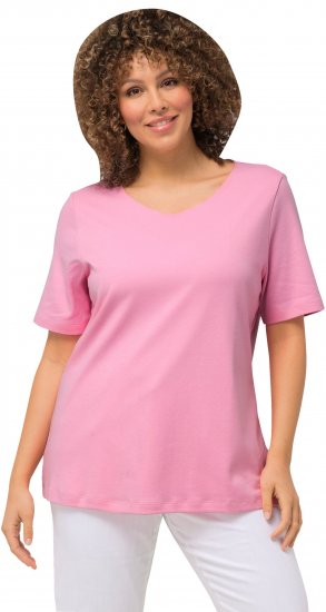 Ulla Popken Double Layer Rounded V-Neck Slim Fit Tee Light Pink - Trička - 