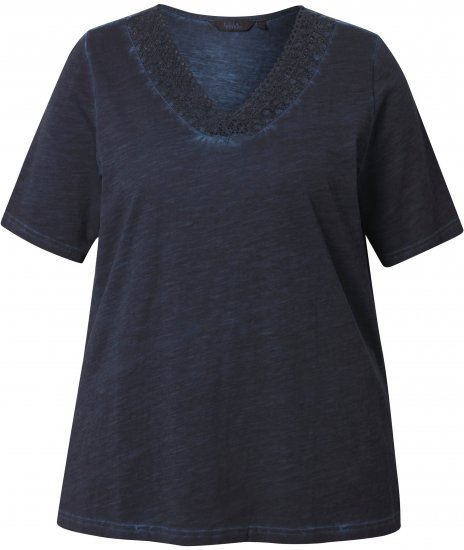 Ulla Popken Lace Trim Short Sleeve Tee Navy Blue - Trička - 