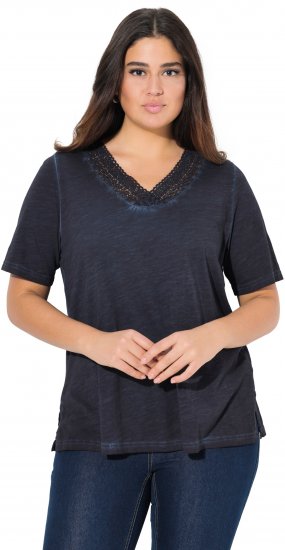 Ulla Popken Lace Trim Short Sleeve Tee Navy Blue - Trička - 