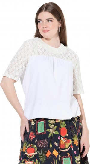 Ulla Popken Lace Yoke Short Sleeve T-Shirt Snow White - Trička - 